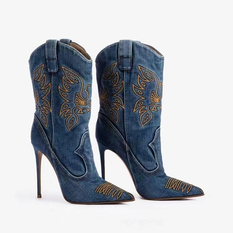 Women's High-Heel Western-Style Denim Fashion Boots