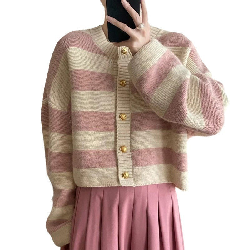 Spring and Autumn Striped Round Neck Sweater for Women