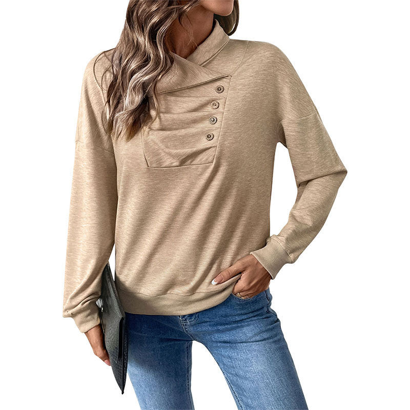 Button Stand Collar Sweater with Pleating