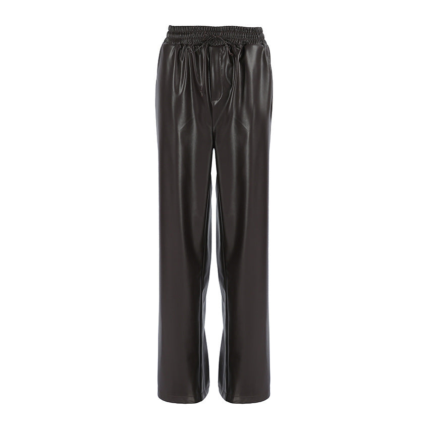 Casual High-Waisted Leather Trousers