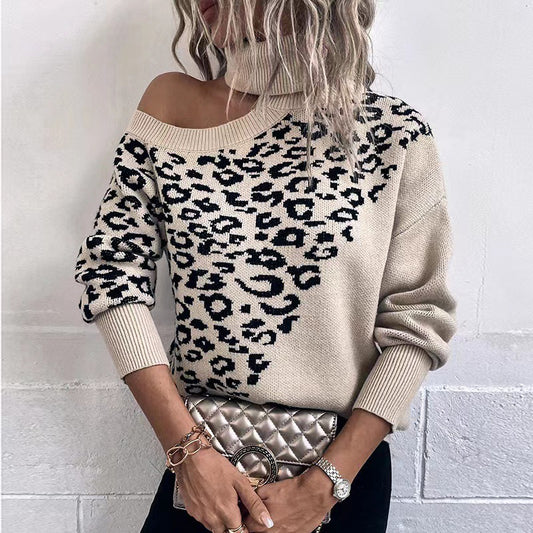 Leopard Print Studded Shoulder-Baring Sweater – Women's Long-Sleeved Autumn & Winter Style