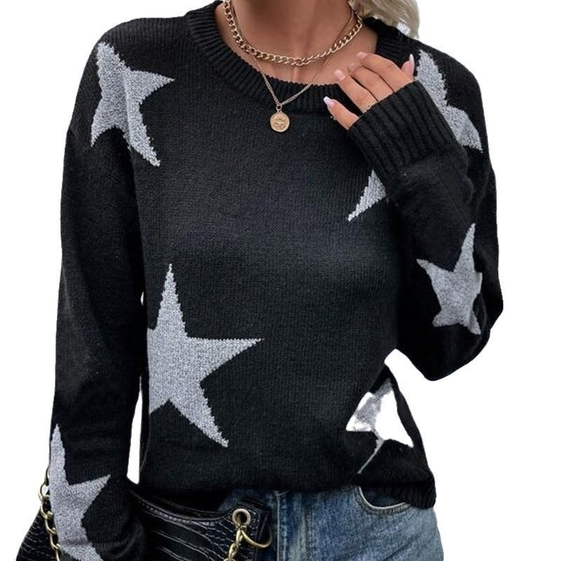 Loose-Fit Round Neck Pullover Sweater with Pattern, Long Sleeves