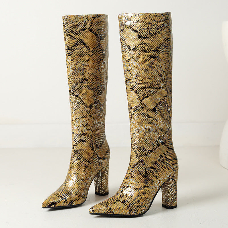 Women's Snake Print High-Heeled High Top Boots with High Leg Design