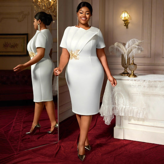 Embroidered Short Sleeve Banquet Party High Waist Dress