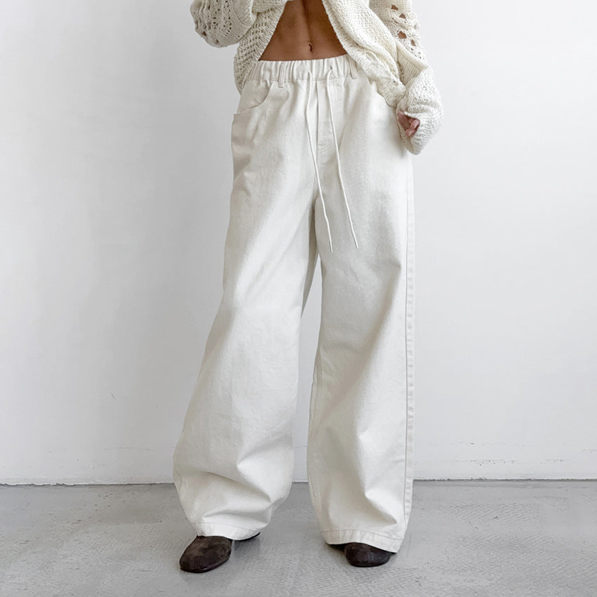 White Pure Cotton Mid-Waist Tied Wide-Leg Pants