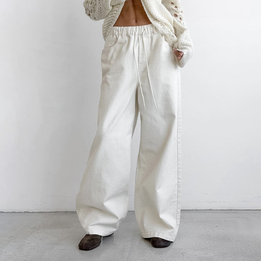 White Pure Cotton Mid-Waist Tied Wide-Leg Pants