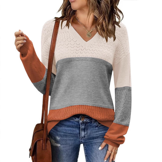 V-neck Hollow Out Pullover Ribbed Knitted Sweater