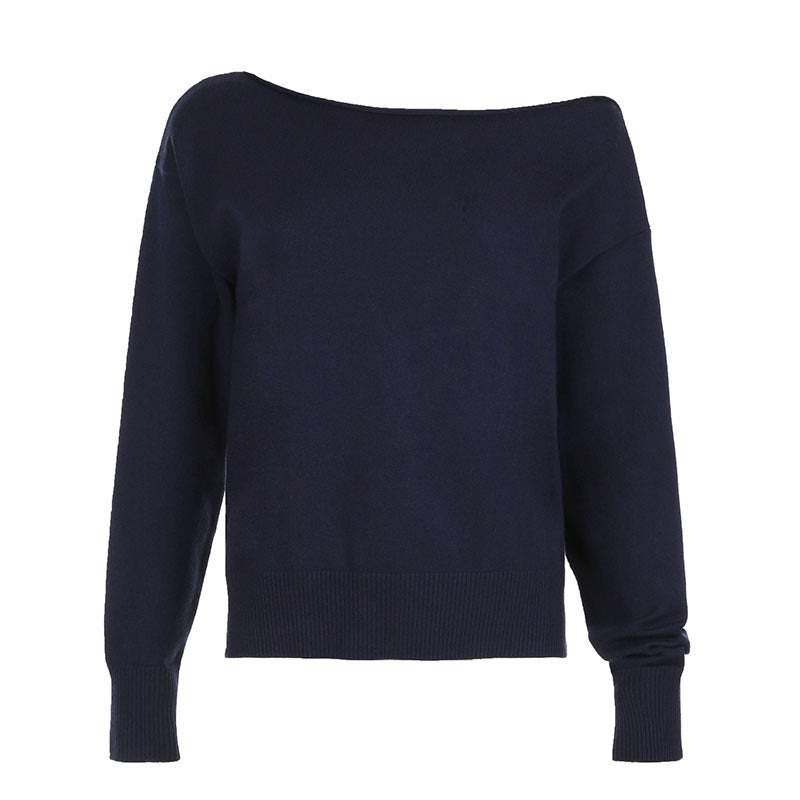 Simple European and American Style Solid Color Diagonal Shoulder Sweater