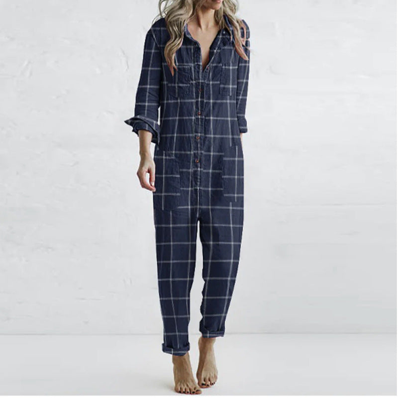 Plaid Printed Casual Relaxed Home Jumpsuit