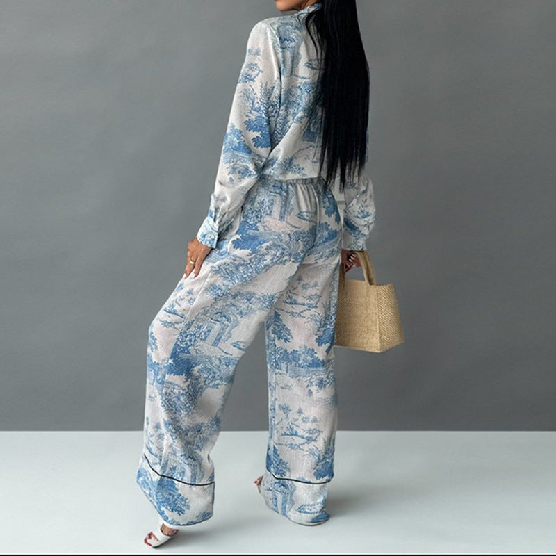 Women's Printed Shirt with Long Sleeves and Wide-Leg Pants Set