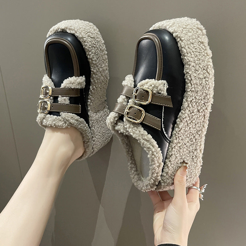 Fashionable Korean Style Belt Buckle Fleece-Lined Wedge Slippers for Outer Wear