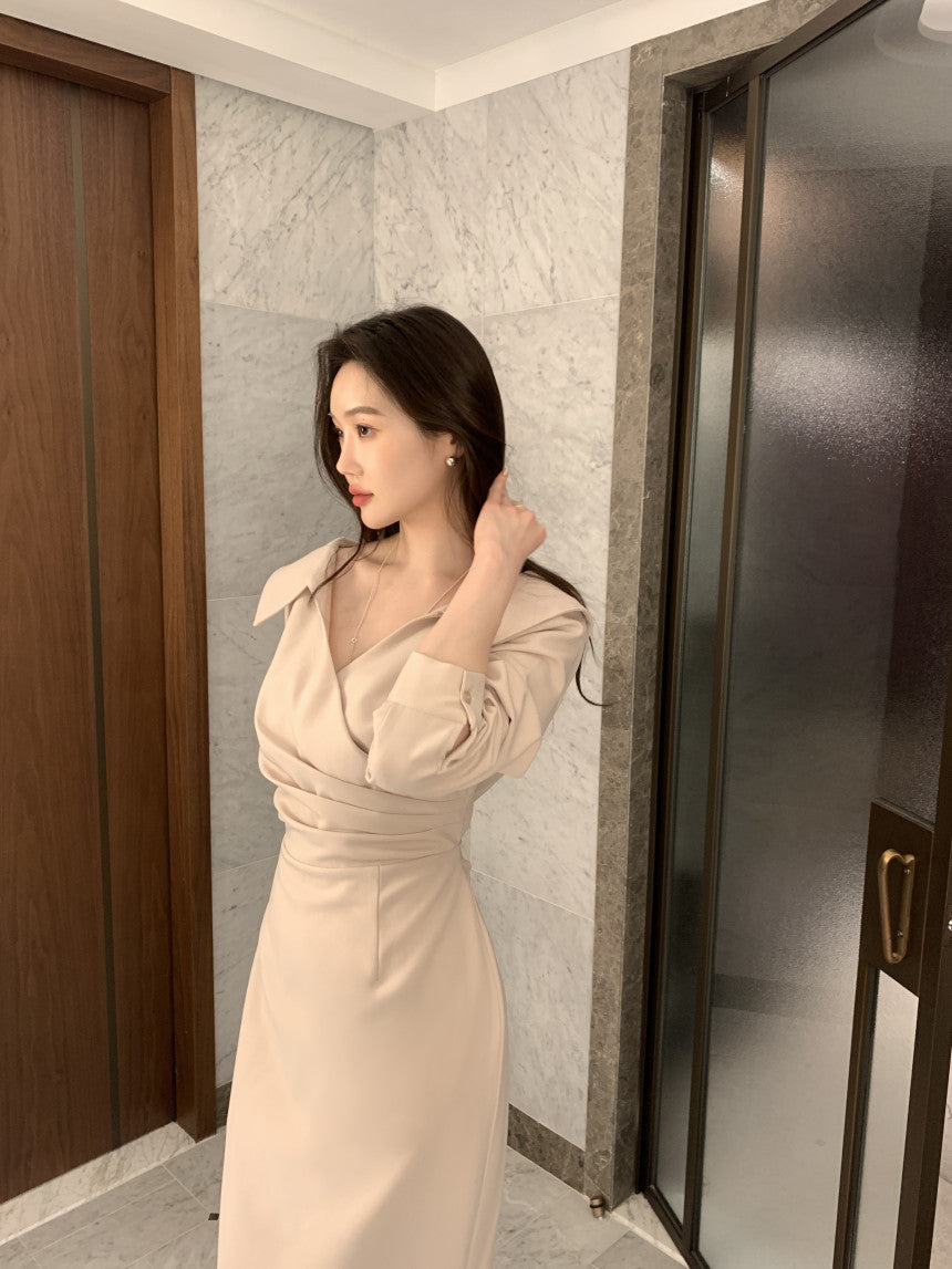 Slimming Puff Sleeve Elegant Young Self-tie Dress Women