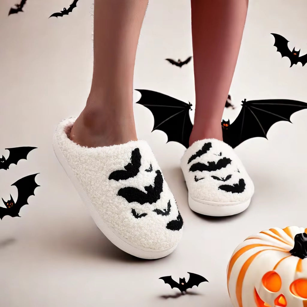 Bat Embroidered Stuffed Cotton Slippers – Thick-Soled, Cozy Furry Checkered Scuff Slippers