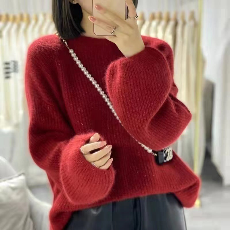 Round Neck Lantern Sleeve Knitted Sweater in Lazy Style