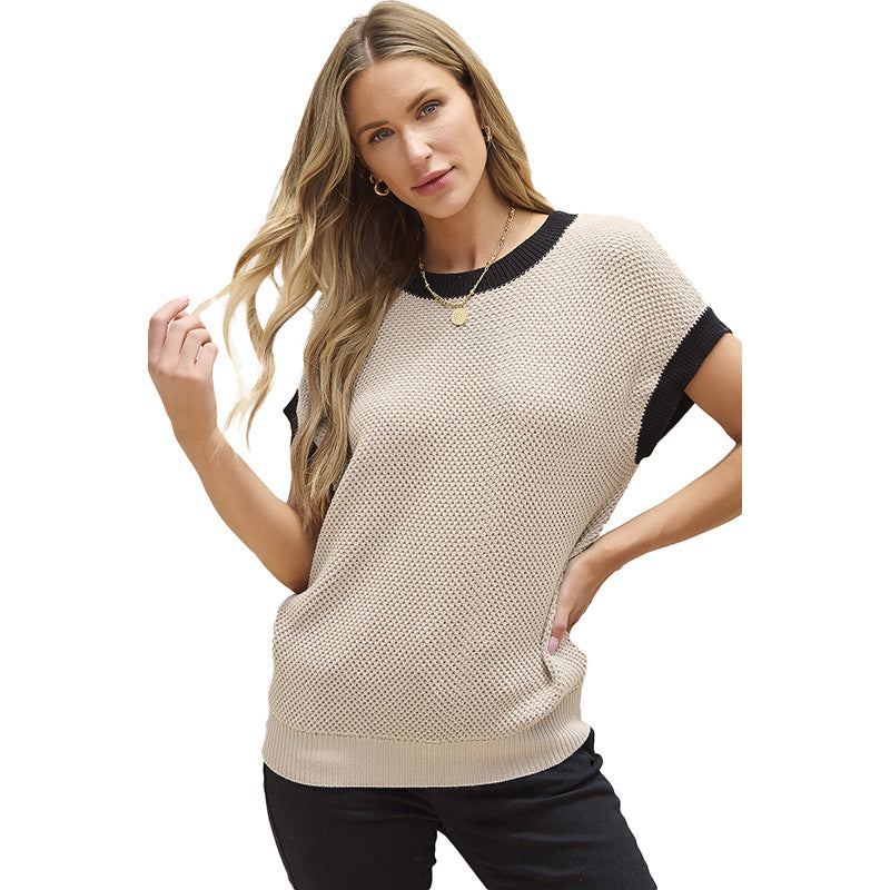 Women's European and American Leisure Style Contrast Color Trim Round Neck Pullover