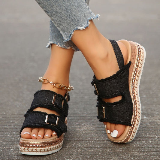 Retro Double Buckle Roman Sandals – Beach Style Slide Slippers