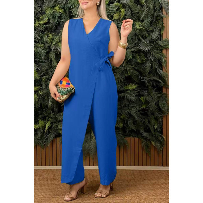 Women's Solid Color Casual V-neck Bandage Jumpsuit