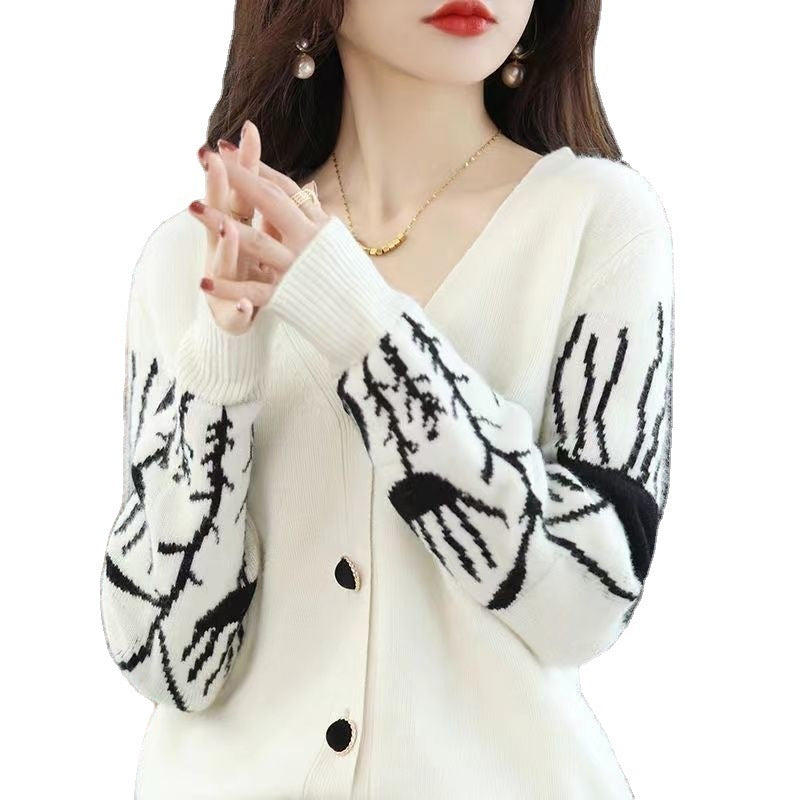 Mori Style V-Neck Cardigan – Black and White Color-Blocking Sweater Top