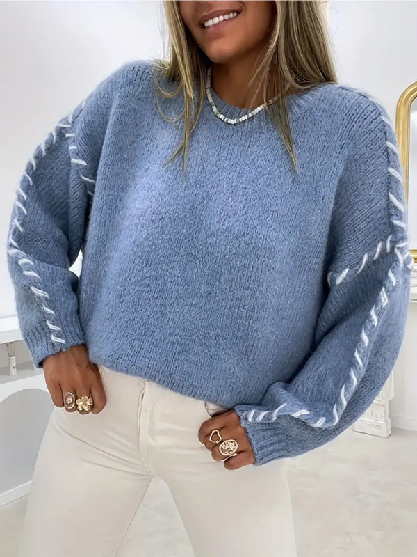 Spring and Autumn Fashion Solid Color Round Neck Loose-Fit Long Sleeve Knitted Sweater