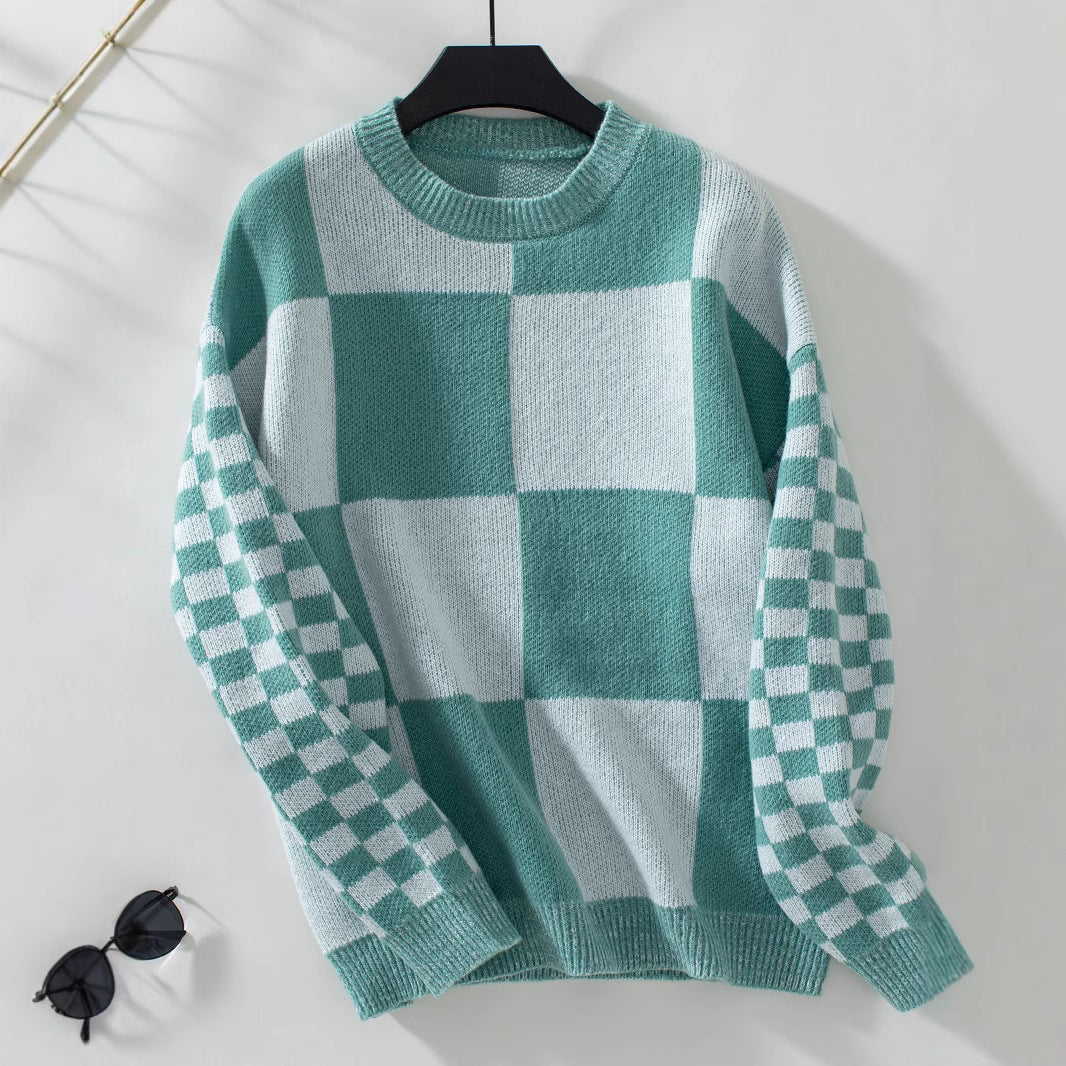 New Autumn Personality Slim Fit Color-Blocking Plaid Knitted Sweater