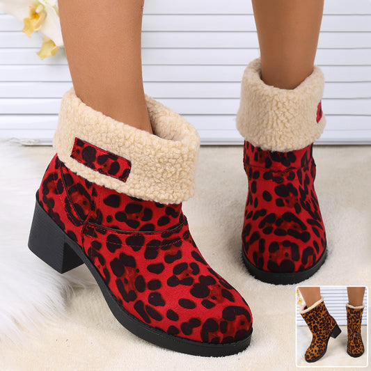 Women's New Foldable Leopard Print Mid-Calf Boots – Winter Warm Fleece with Thick Square Heels