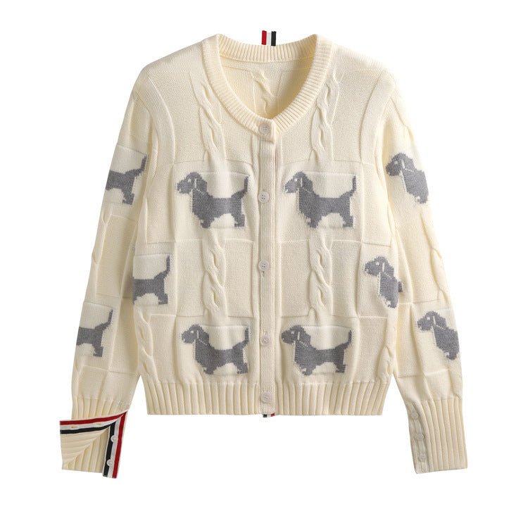 Dog Jacquard Design Twist Knit Cardigan with Round Neck