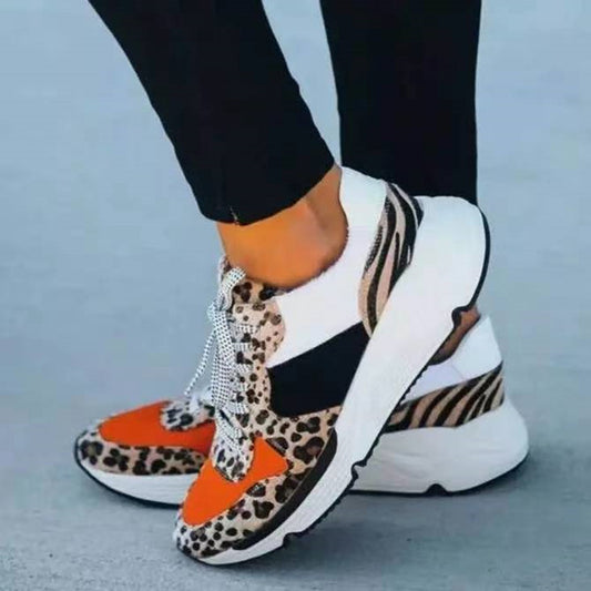 Leopard Print Color-Block Lace-Up Casual Horse Hair Sneakers