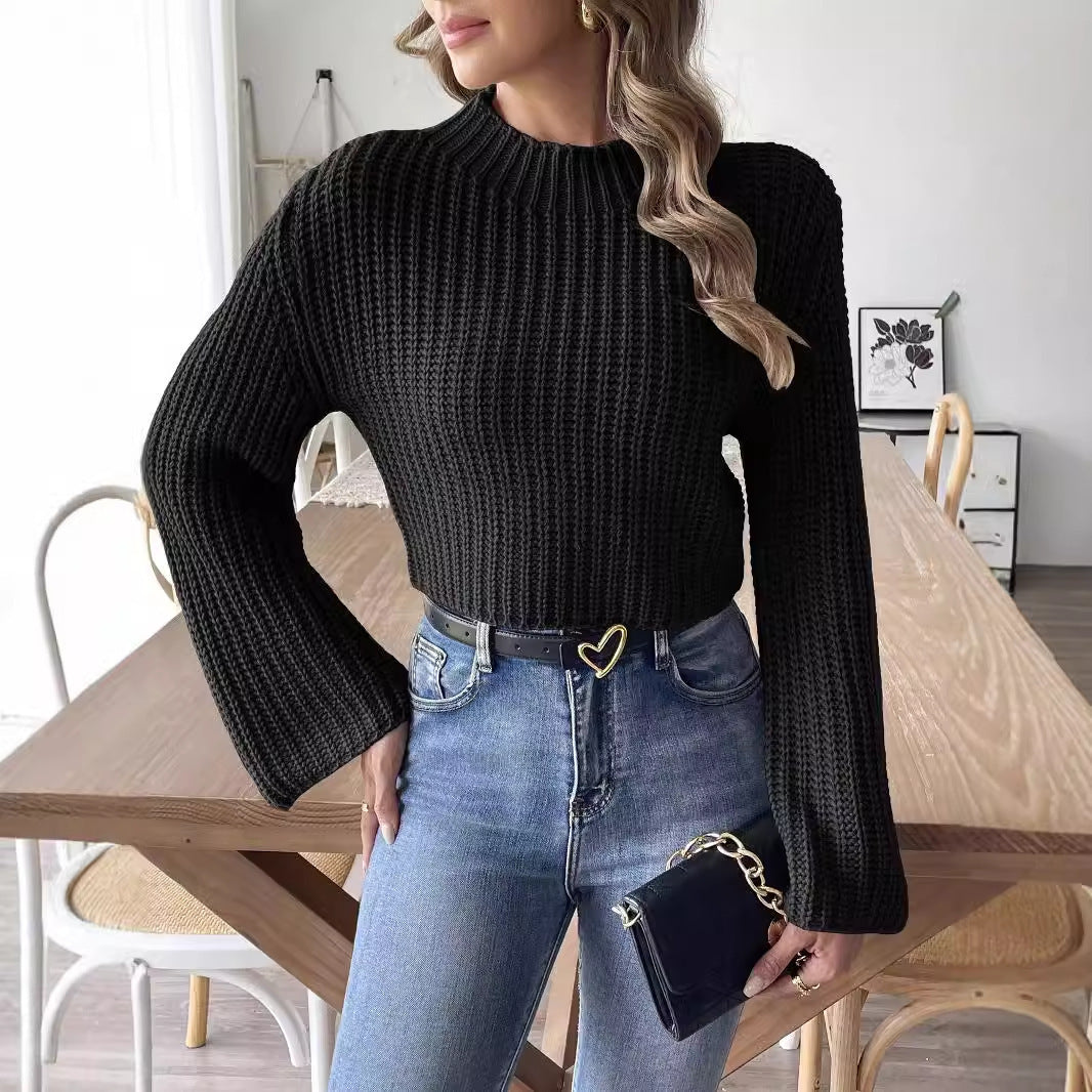 Women's Cropped Bell Sleeve Half-Turtleneck Knit Pullover