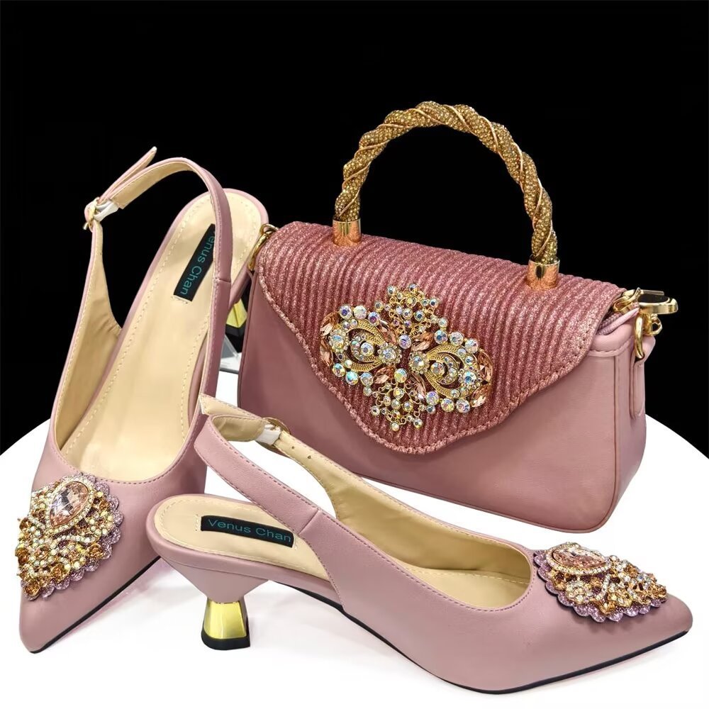 Casual French Style Small Square Pointed Toe Slingback High Heels with Matching Women's Shoes and Bag Set