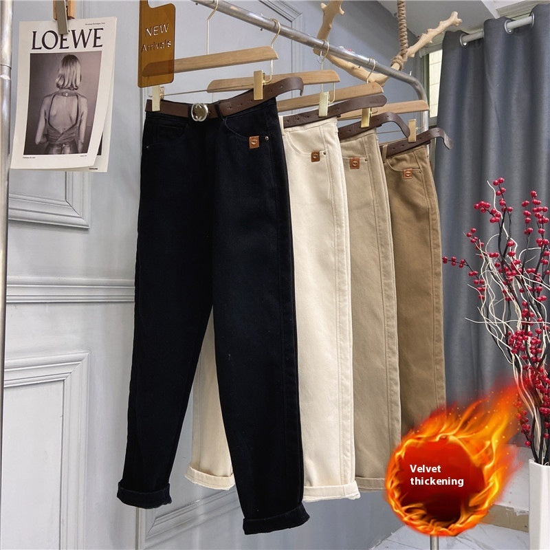 Plus Size Women's High-Waist Thick Denim Trousers