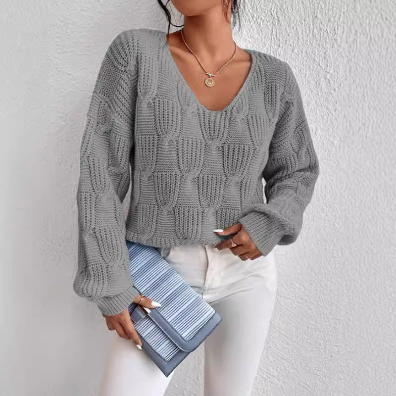 Loose-Fit V-Neck Solid Color Knit Pullover Sweater - Casual and Cozy Style