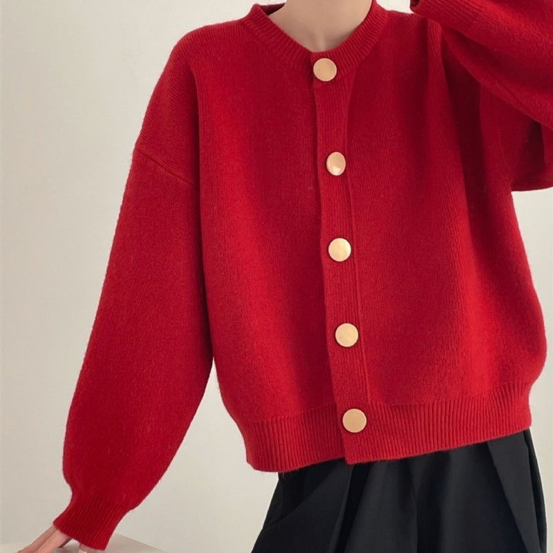 Women's Round Neck Solid Color Loose Knitted Cardigan for Autumn and Winter