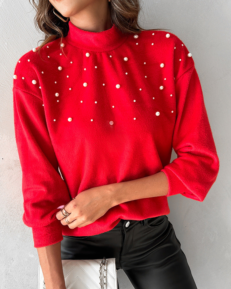 Women's Beaded Turtleneck Long-Sleeve Top - European & American Style