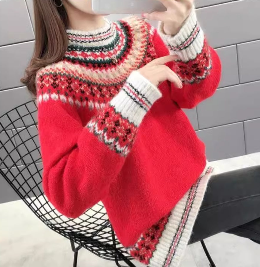 Women's Loose Vintage Jacquard Knit Sweater – Stylish Outerwear Top