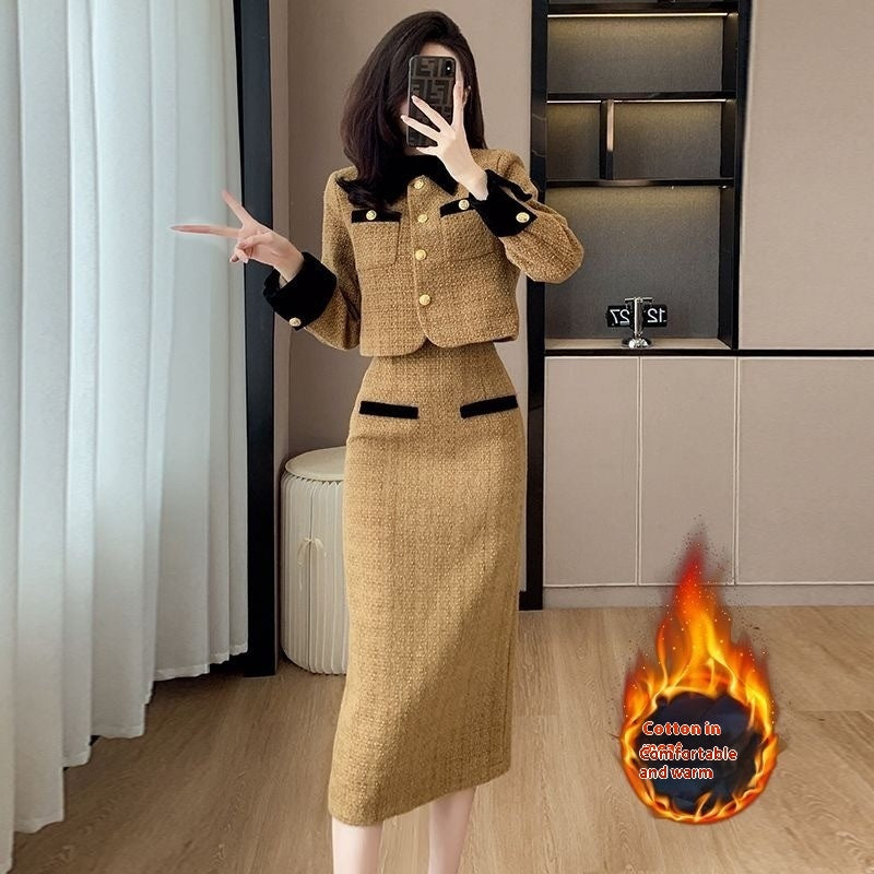 Women's French Style High-End Tweed Chanel-Inspired Skirt and Coat Set