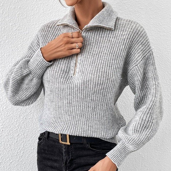 Women's Solid Color Zipper Pullover Loose-Fit Casual Long Sleeve Sweater