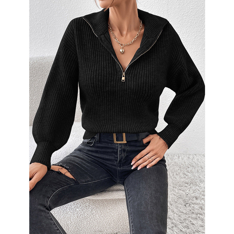 Women's Solid Color Zipper Pullover Loose-Fit Casual Long Sleeve Sweater