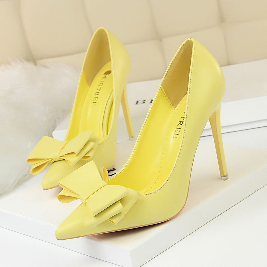 Shallow Mouth Pointed Toe Single Shoes with Bow Detail