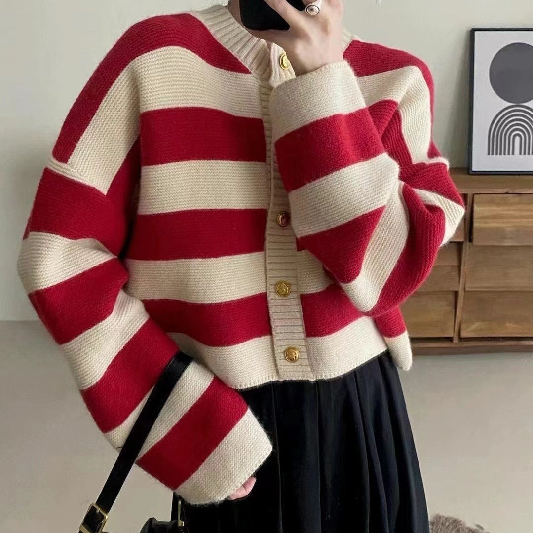 Spring and Autumn Striped Round Neck Sweater for Women