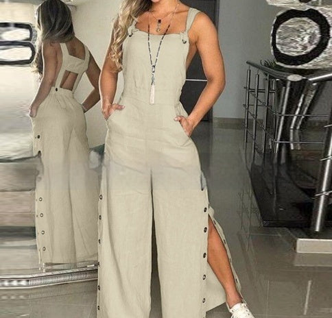 Women's Solid Color Sleeveless Jumpsuit with Side Pockets