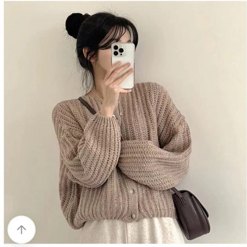 Lazy Solid Color Women's Sweater Coat – Loose Round Neck Single-Breasted Top