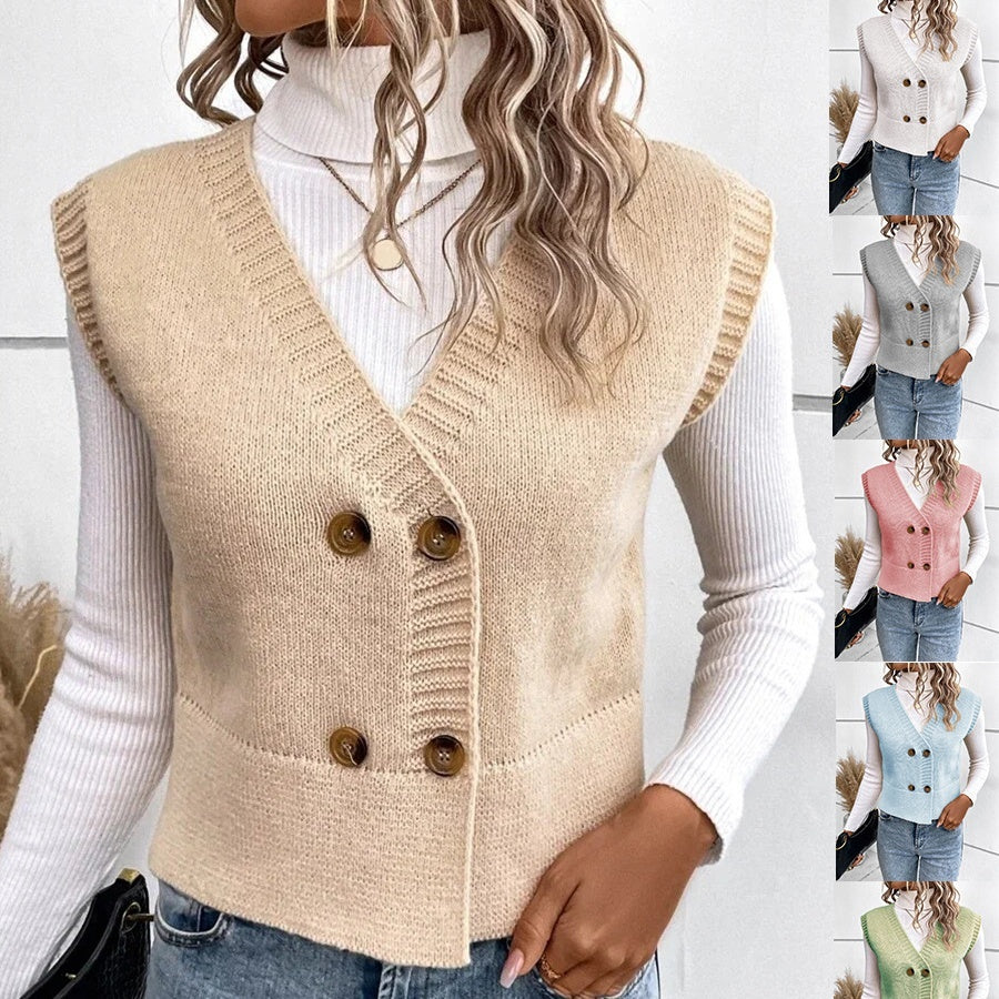 New Casual Knitted V-Neck Sweater with Buttons