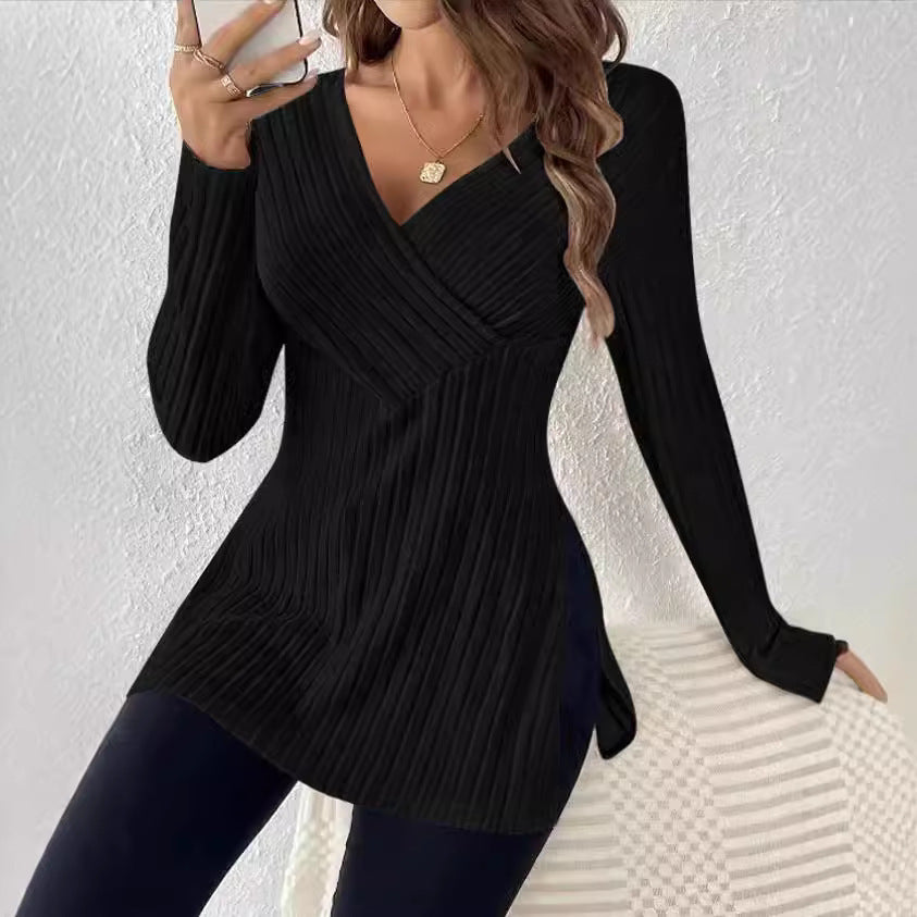 Long Sleeve Solid Color V-Neck Leisure Pajamas with Sunken Stripe Top Design