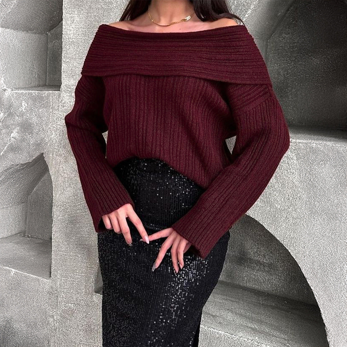 Loose One-Shoulder Pullover Sweater with Trumpet Sleeves - Fashion Knitted Top