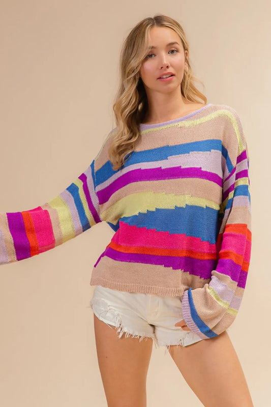 Multi-Color Geometric Stripe Knit Sweater