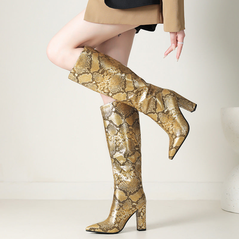 Women's Snake Print High-Heeled High Top Boots with High Leg Design