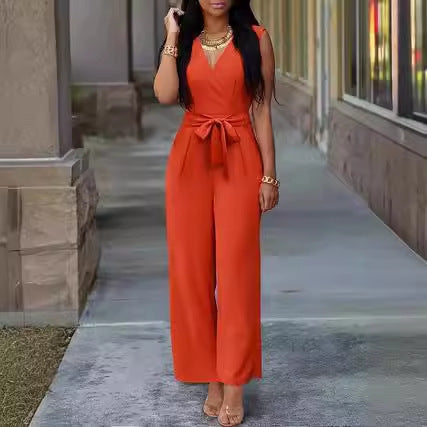 Women's V-Neck Sleeveless Wide-Leg Jumpsuit with Belt