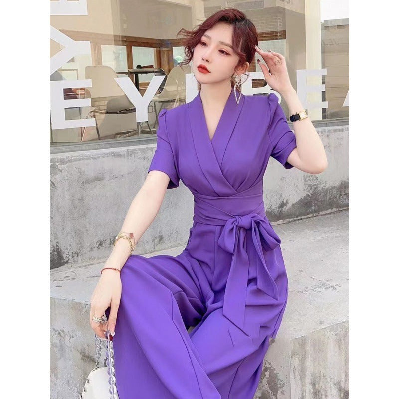 Elegant High-Waist Lace-Up Wide-Leg Jumpsuit, Slimming and Chic in Solid Color