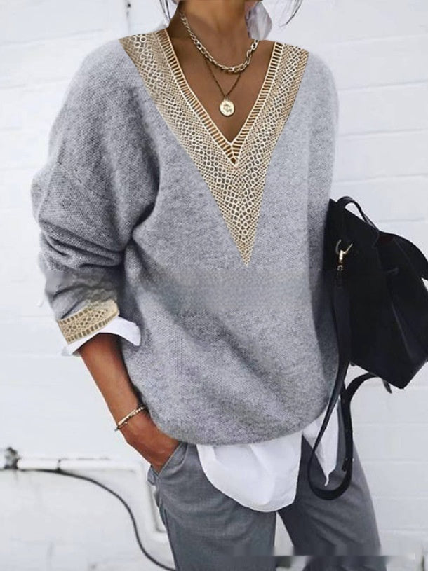 Long Sleeve Solid Color Knitted Sweater with Lace Collar