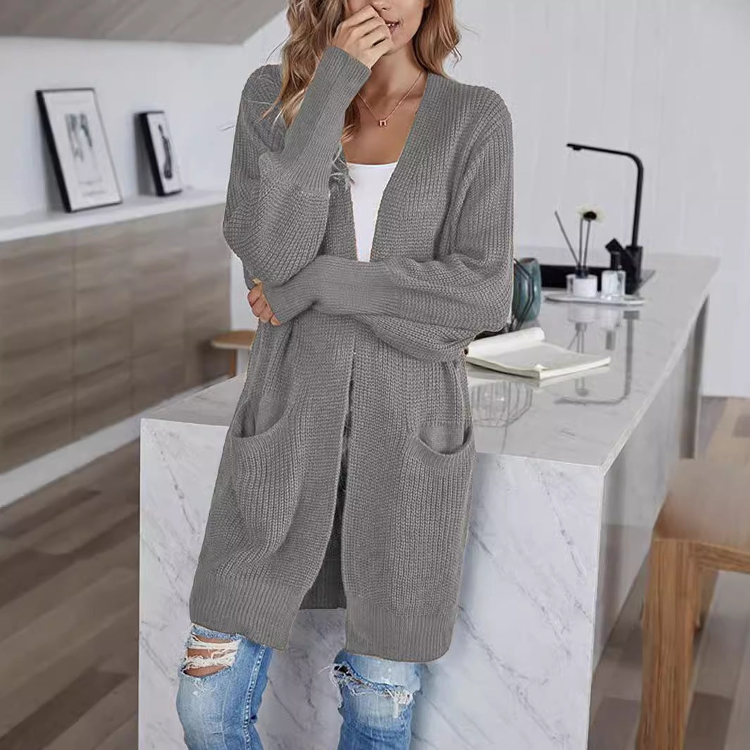 Women's Solid Color Knitted Sweater Cardigan Coat with Pockets